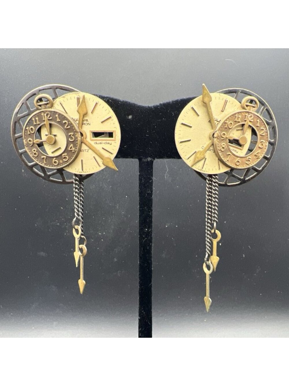 Vintage Steampunk Brass 3D Clock Post Earrings 3" Long